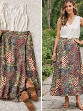 J. Jill Wrap Skirt Size 12 Boho Paisley Floral Maxi Green Pink Cottagecore